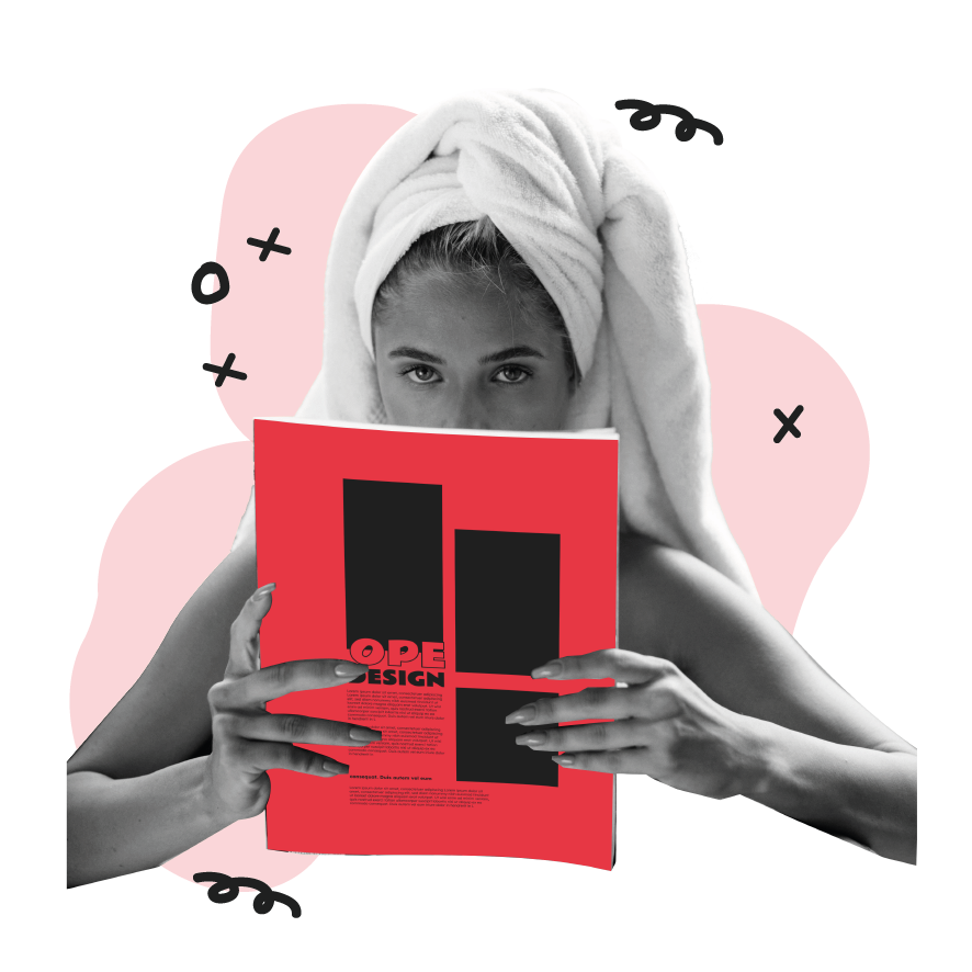 Picto pour le Design Editorial et Print : Flyer, Affiche, Catalogue et Carte de visite. Femme qui tient une brochure ou un magazine