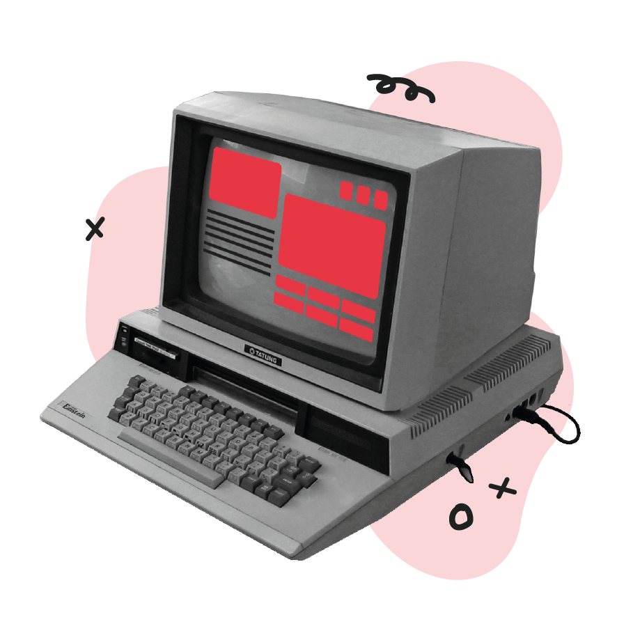 Picto pour le Webdesign : Maquette de site, Intégration (Elementor), Social media et Newsletter. Oridnateur noir et blanc avec module couleur